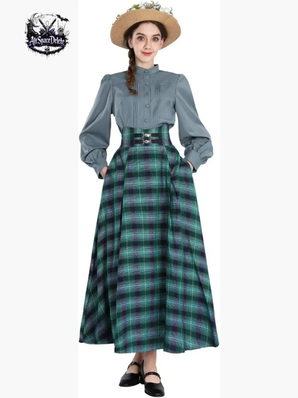 Victorian Medieval Renaissance Costume High Waist Tartan Skirt Edwardian Blouse